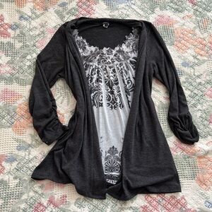 Stylish Black and Gray Cardigan with Patterned Top